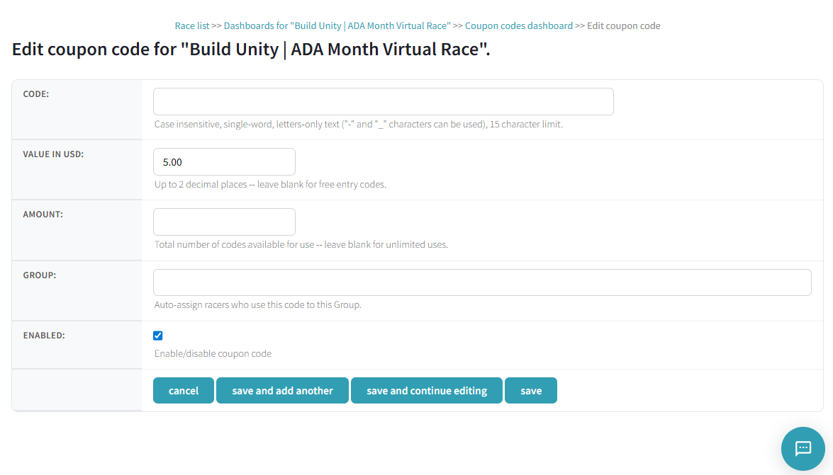 Edit coupon code form showing Code, Value, Amount, Group, and Enabled fields